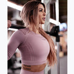 2020 New Women's Fitness T-Shirt Sport Crop Top Long Sleeve Layer Crew Neck Power Stretch  Yoga Crop Top Sexy Gym Clothing