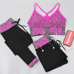 Toppick 3 Piece Women Yoga Sets Pink Letter Sport Wear Women Fitness Sport Bra+Yoga Pants+Shorts Sport Set Workout Gym Clothing