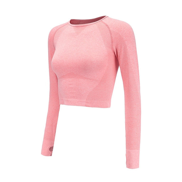 Rough Loli Women's Pink Seamless Long Sleeve Crop Top Yoga Shirts with Thumb Hole Running Fitness Workout Seamless Top Shirts