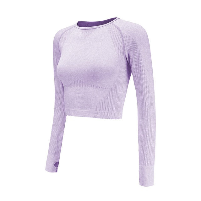 Rough Loli Women's Pink Seamless Long Sleeve Crop Top Yoga Shirts with Thumb Hole Running Fitness Workout Seamless Top Shirts