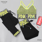 Toppick 3 Piece Women Yoga Sets Pink Letter Sport Wear Women Fitness Sport Bra+Yoga Pants+Shorts Sport Set Workout Gym Clothing