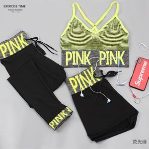 Toppick 3 Piece Women Yoga Sets Pink Letter Sport Wear Women Fitness Sport Bra+Yoga Pants+Shorts Sport Set Workout Gym Clothing