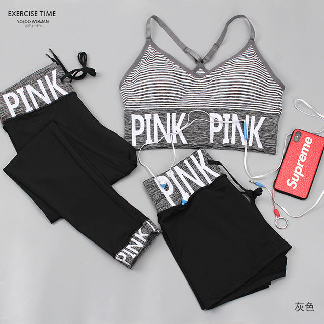 Toppick 3 Piece Women Yoga Sets Pink Letter Sport Wear Women Fitness Sport Bra+Yoga Pants+Shorts Sport Set Workout Gym Clothing