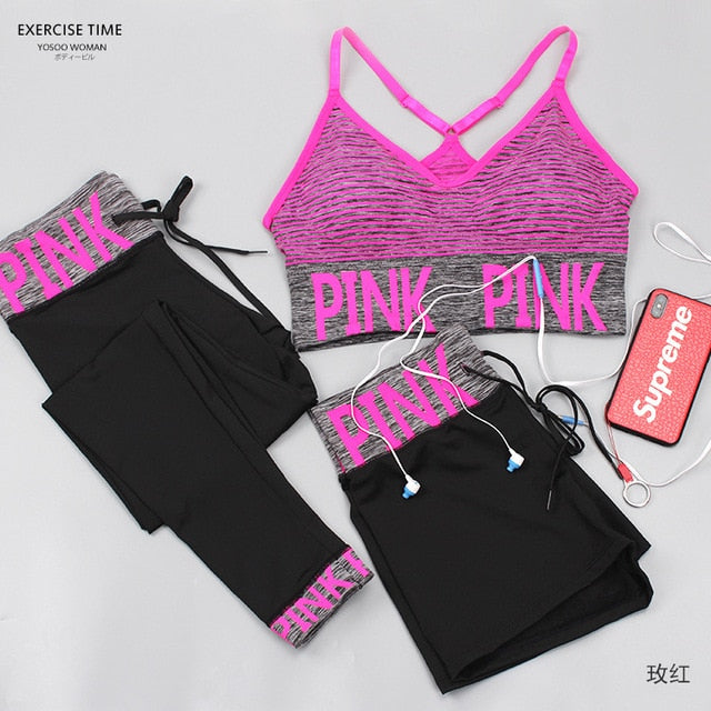 Toppick 3 Piece Women Yoga Sets Pink Letter Sport Wear Women Fitness Sport Bra+Yoga Pants+Shorts Sport Set Workout Gym Clothing